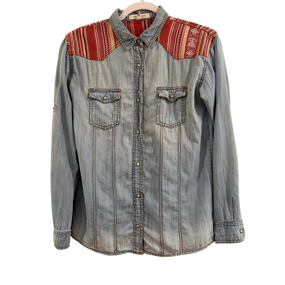 Life In Progress Western Denim Shirt Womens Small Blue Tribal Southwestern Boho